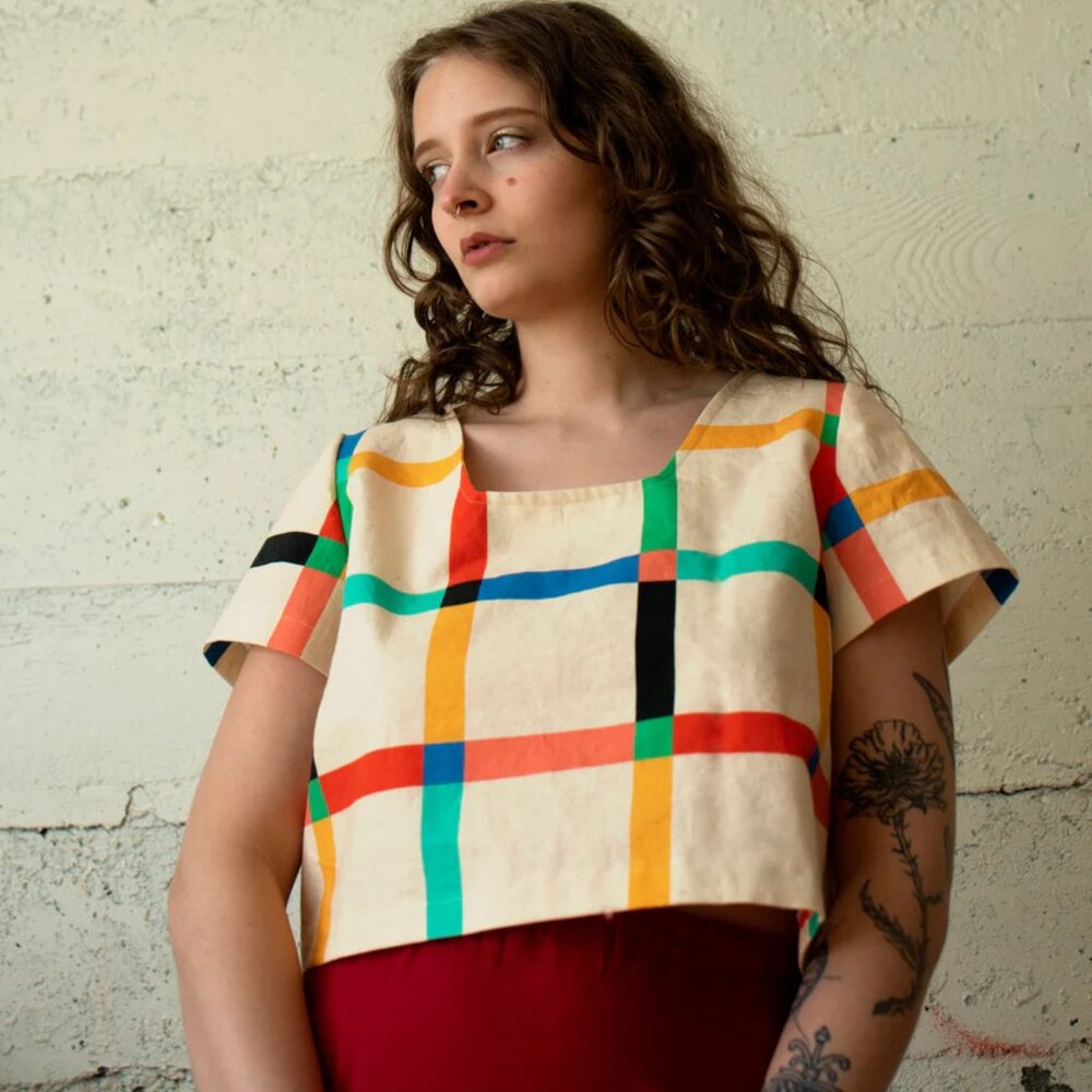 Pattern Crop Short Sleeve Frankie Top Chunky Windowpane Cream